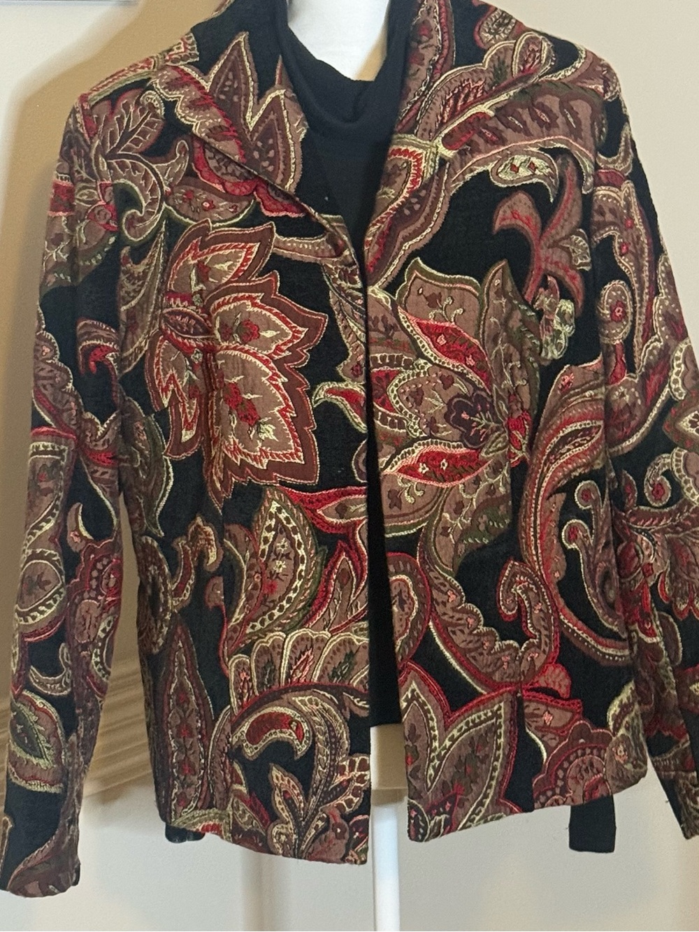 Harve Benard Black Paisley Jacket with Red and Brown Accents